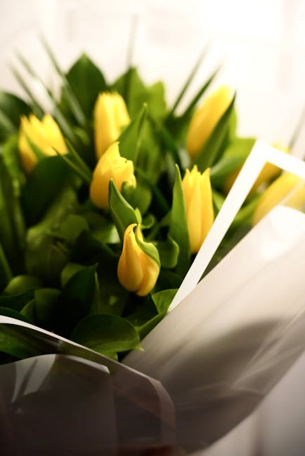 A bouquet of fresh yellow tulips with green stems and leaves, arranged in a compact display. The tulips are wrapped in transparent cellophane and partially enclosed in white paper, highlighting the vi