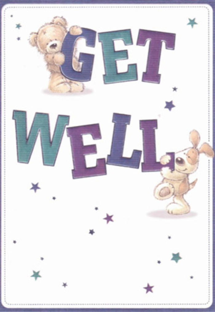 This get well card channels the inviting charm of Kingston Upon Thames through its playful, heartfelt illustration. In the center, a sweet-faced teddy bear and a floppy-eared puppy share the stage, both crafted with textured brushwork that hints at the soft warmth of beloved plush toys. The bear sits proudly, paws around the lively lettering of 'GET,' while the puppy's eager pose brings attention to the strong, reassuring 'WELL'-each letter shaded in regal purple and cool teal, echoing the rich tones one might spot in floral displays at Eden Walk market. Dancing stars in shades of blue and amethyst drift above and beside the figures, creating an atmosphere of cheerful reassurance, like well-wishers gathered for support at a local café. The creamy, well-lit background bathes the scene in an ambiance of hopefulness and cleanliness. Every textured detail, from the fluff of the bear's fur to the sheen on the puppy's nose, invites tactile imagining, reinforcing the card's purpose: soothing the spirit as carefully as a handpicked bouquet from a Kingston florist. It's a vision of gentle care, rooted in the local tradition of lifting each other up with thoughtful, beautiful gestures.